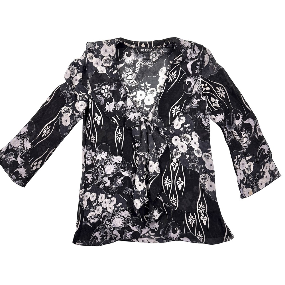 VTG Citron Santa Monica Silk Blouse S Black Floral Cascading Boho Quiet‎ Luxury